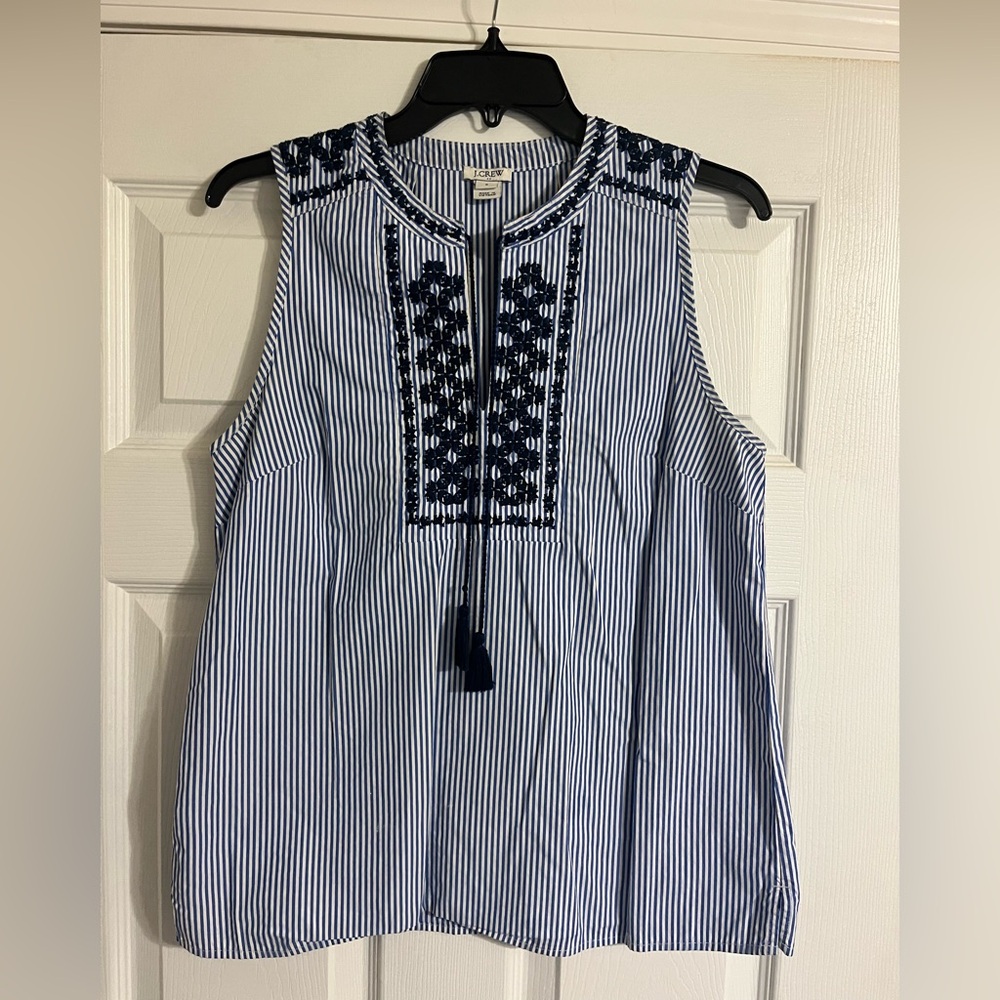 J Crew Sleeveless Shirt Blue Blouse Size 6 Striped Cotton Work Casual Shirt